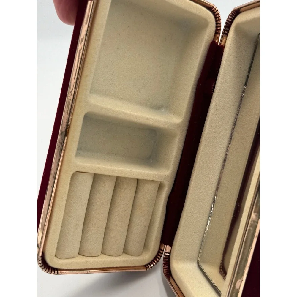 Vintage Burgundy Velvet Travel Jewelry Box Rose Gold Trim Mirror Ring Storage